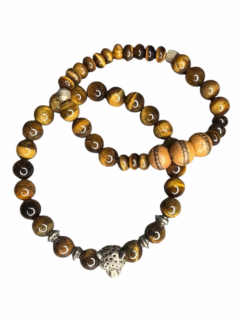 Tiger Eye Beaded Stretch Bracelet Set Leopard Head Charm & Wood Accent Bracelet